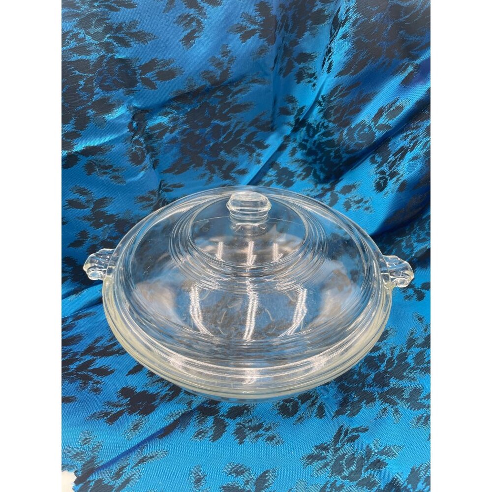 Vintage Glasbake 55 Clear Glass Casserole Dish  Lid 1 Quart Handles Embossed Des